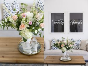 beautiful summer floral arrangement on bamboo table