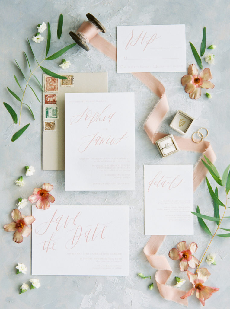 spring wedding stationery flat lay