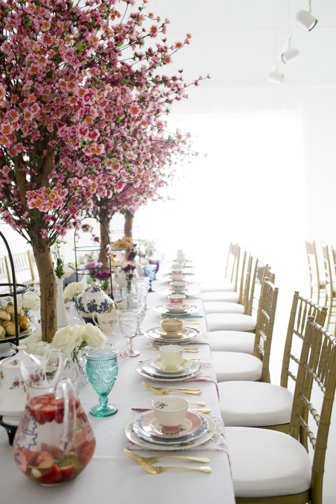 long view of spring baby shower table at Park Studios Atlanta