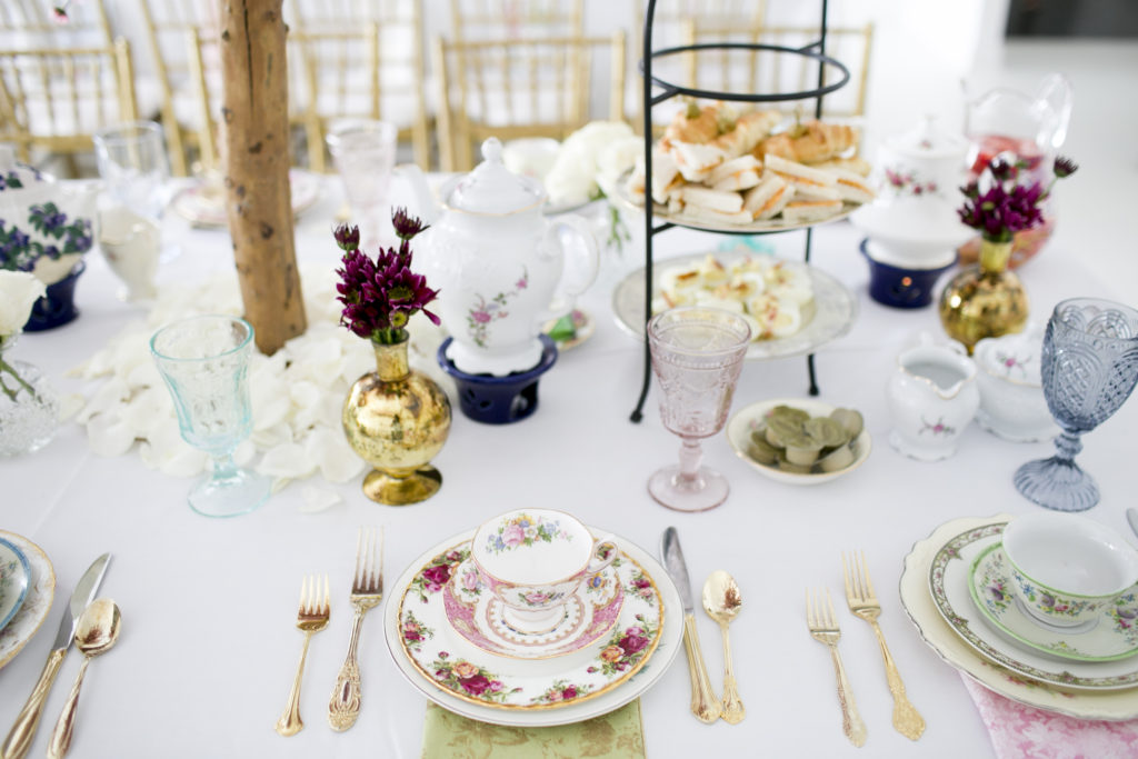 spring baby shower place setting with vintage dishes from The Prissy Plate Company