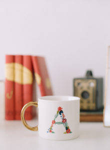 styled floral A mug with gold handle