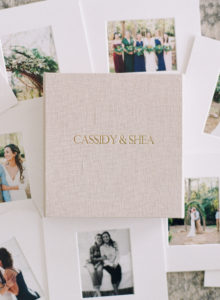 beautiful linen covered wedding album embroidered with bride and groom's names