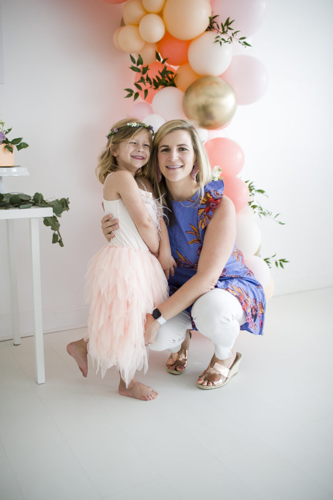 mother and daughter with balloon installation, Park Studios