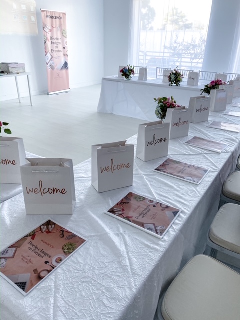 best Atlanta event space, all white studio Atlanta, welcome bags, white tablecloths, event design workshop booklets, workshop banner standup